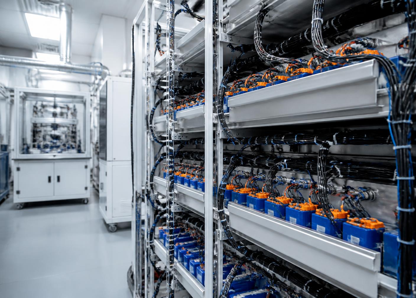 Racks of instrumented energy storage cells in a temperature-controlled test laboratory
