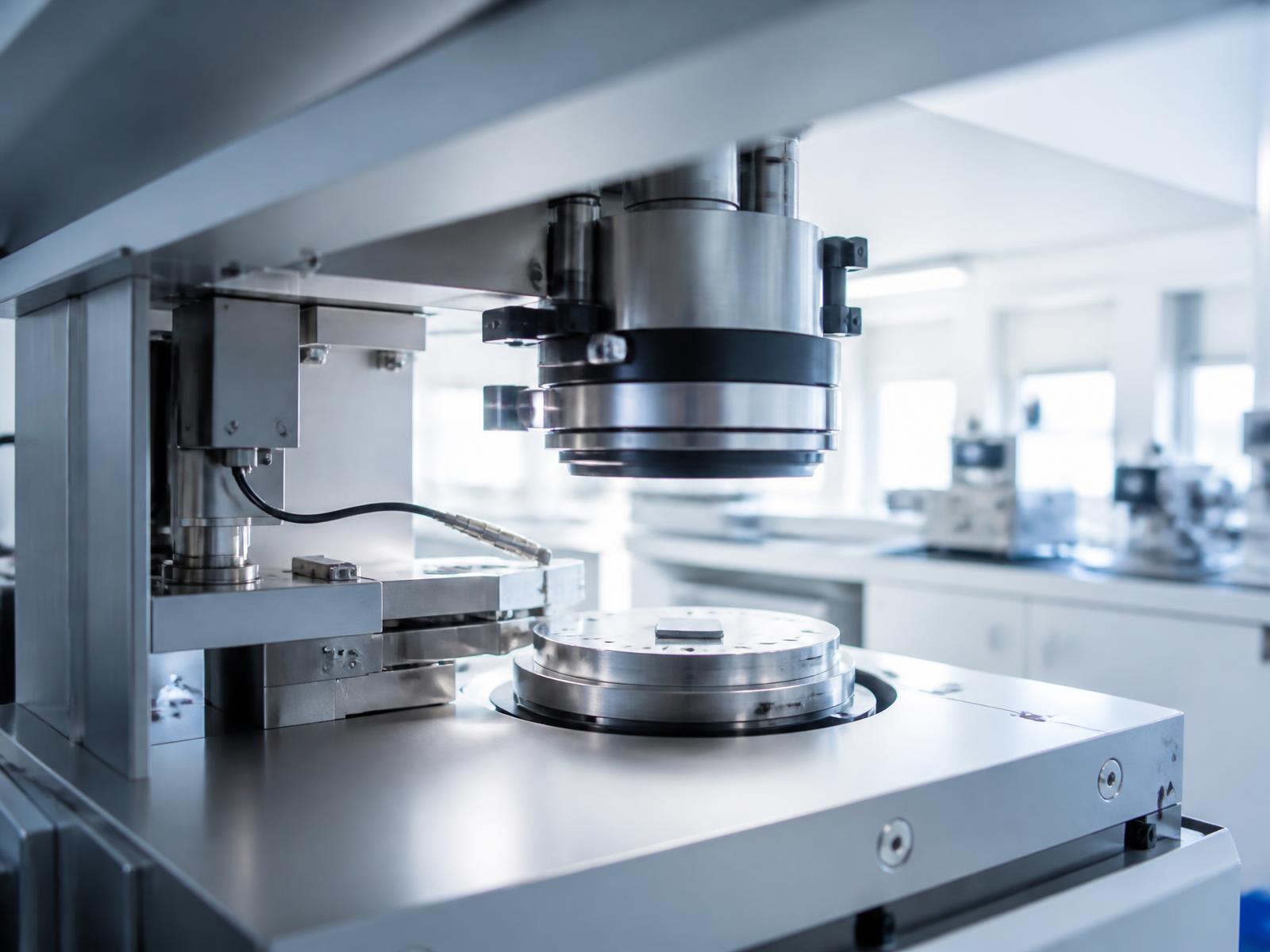 Precision analytical instrument positioned above a material sample stage in a bright research laboratory